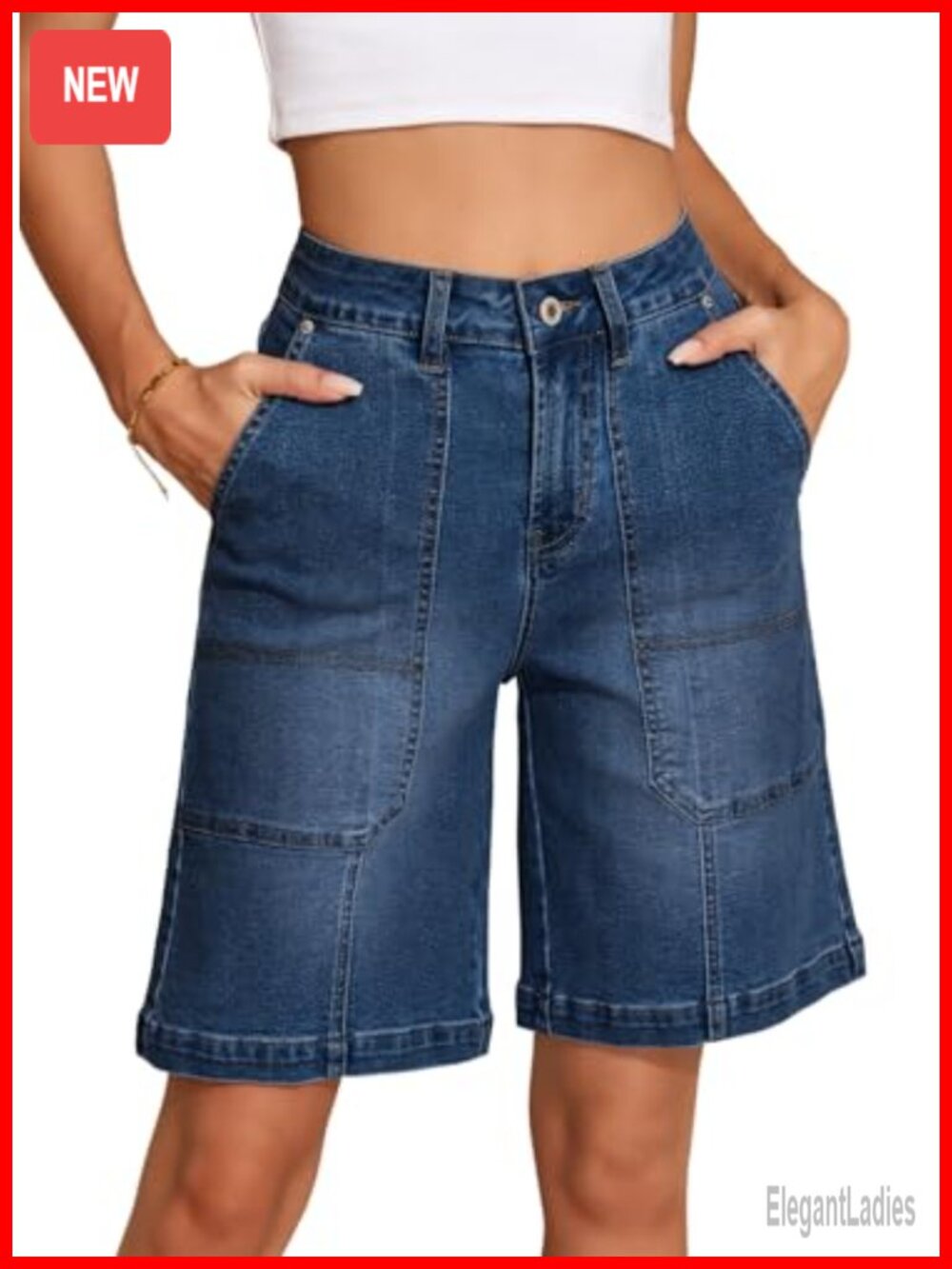 Women's High Waisted Wide Leg Bermuda Jean Shorts with Pockets Cotton Blend